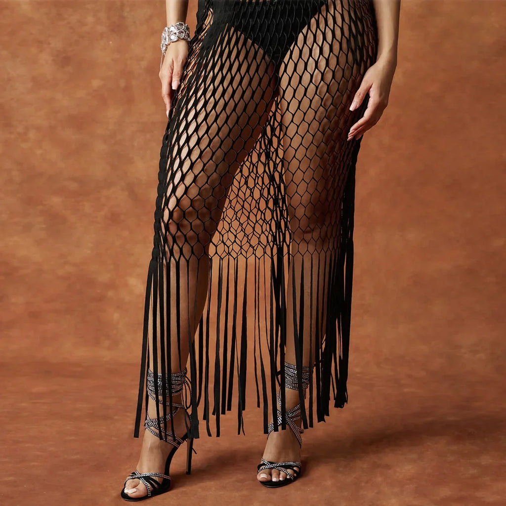 Women's Fishnet Beach Skirt Tassel Skirt - VAleG