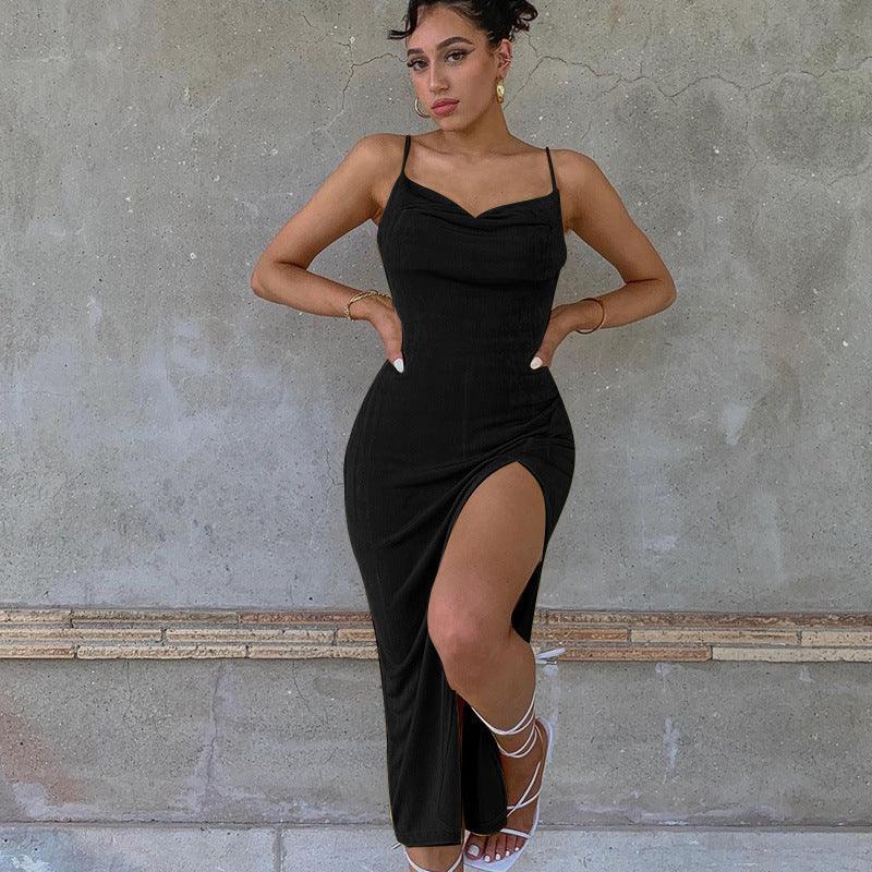 European And American Smooth Knitted Women's Slit Suspender Dress - VAleG