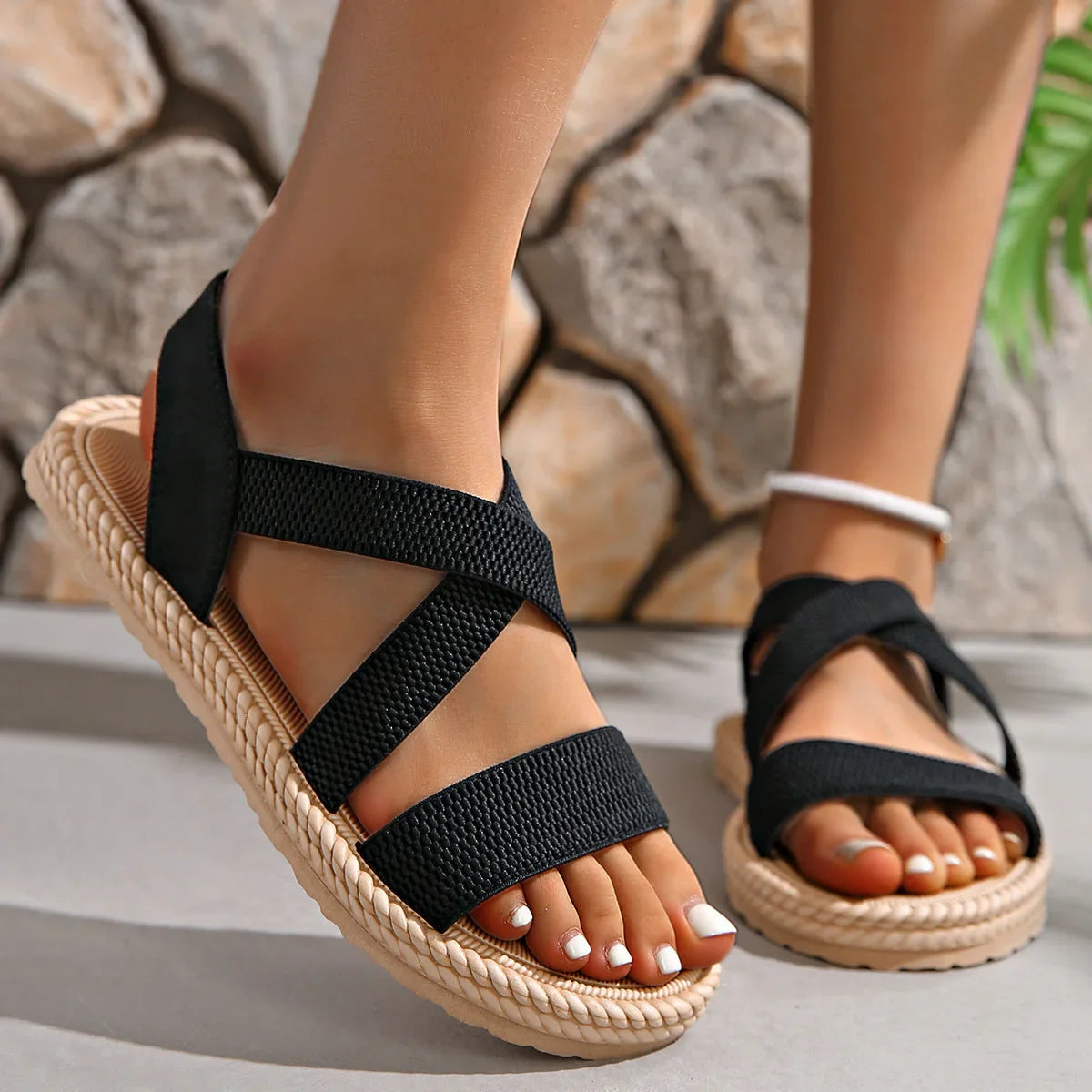 Women's Elastic Band Casual Student Plus Size Beach Roman Sandals - VAleG