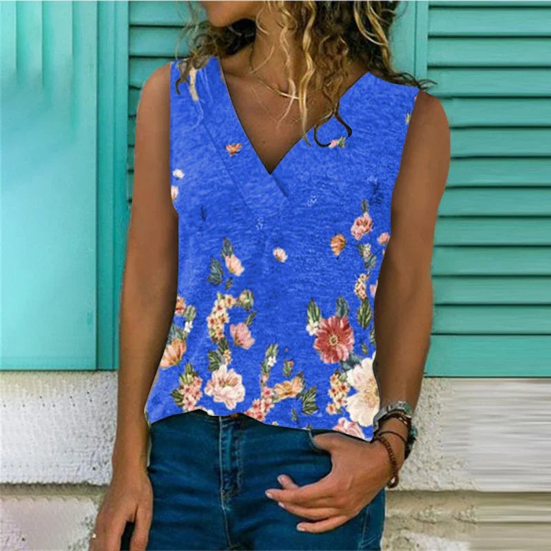 Trendy Vest Amazon Explosive Base Shirt V-neck Loose Printed Top Vest - VAleG