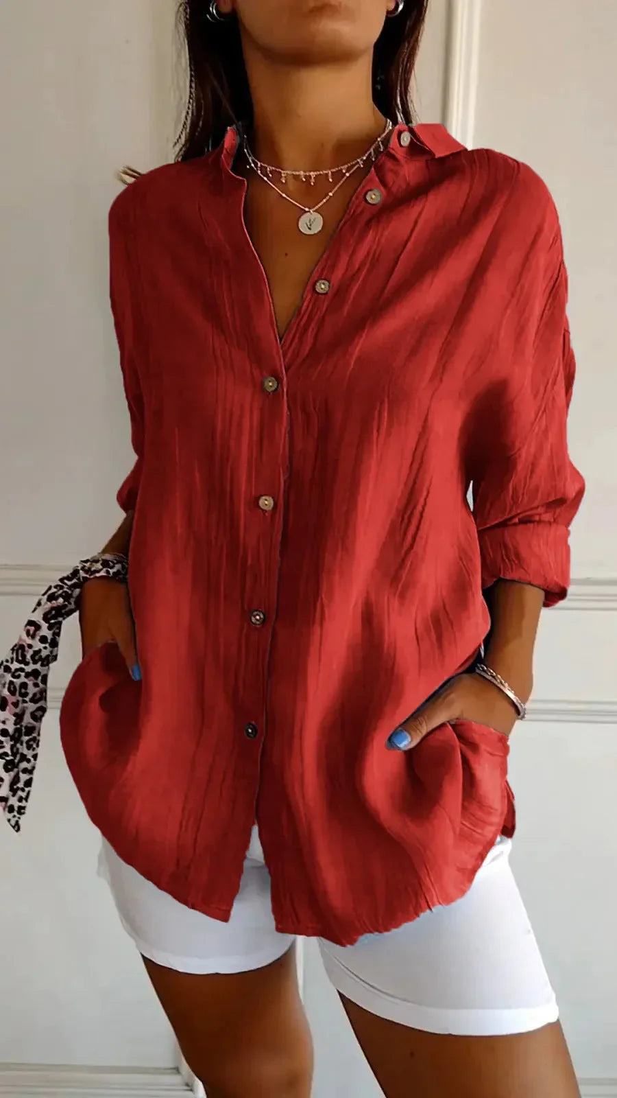 Lapel Long Sleeve Shirt Women's Single-breasted Pleated Shirt - VAleG