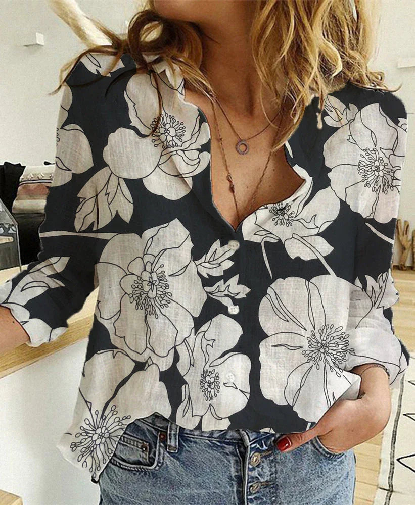 Spring And Autumn Print Casual Loose Long Sleeve Linen Shirt For Women - VAleG