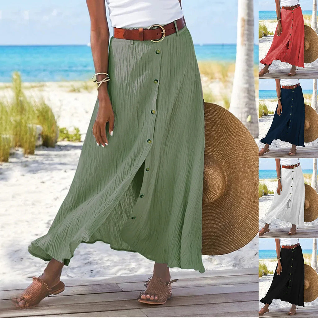 Women's Fashion Cotton Linen A-Line Hip Mid Waist Long Skirt - VAleG