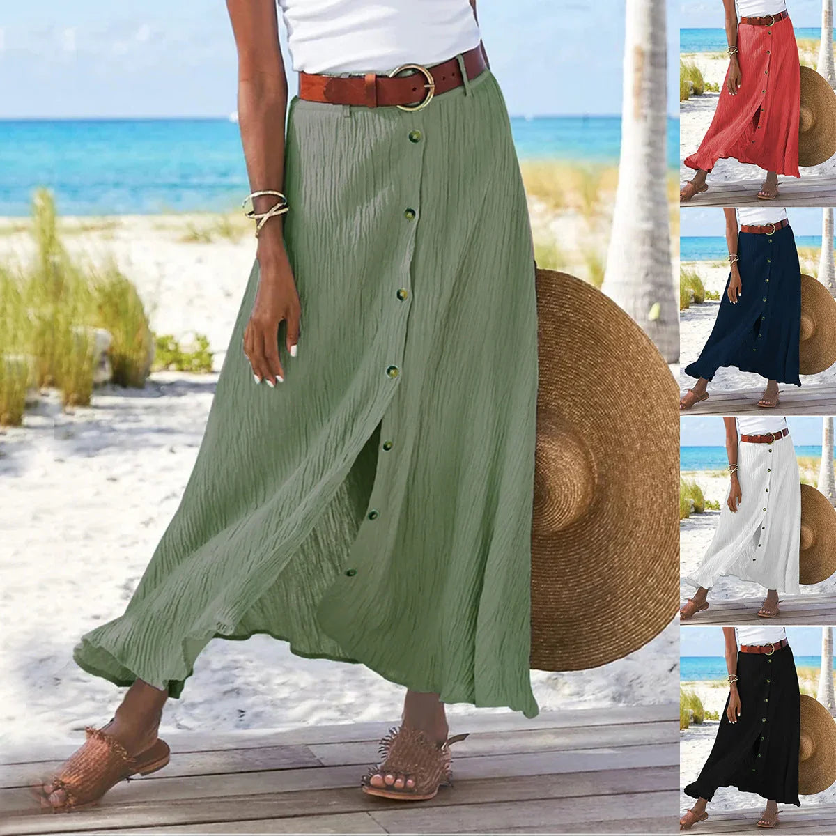 Women's Fashion Cotton Linen A-Line Hip Mid Waist Long Skirt - VAleG