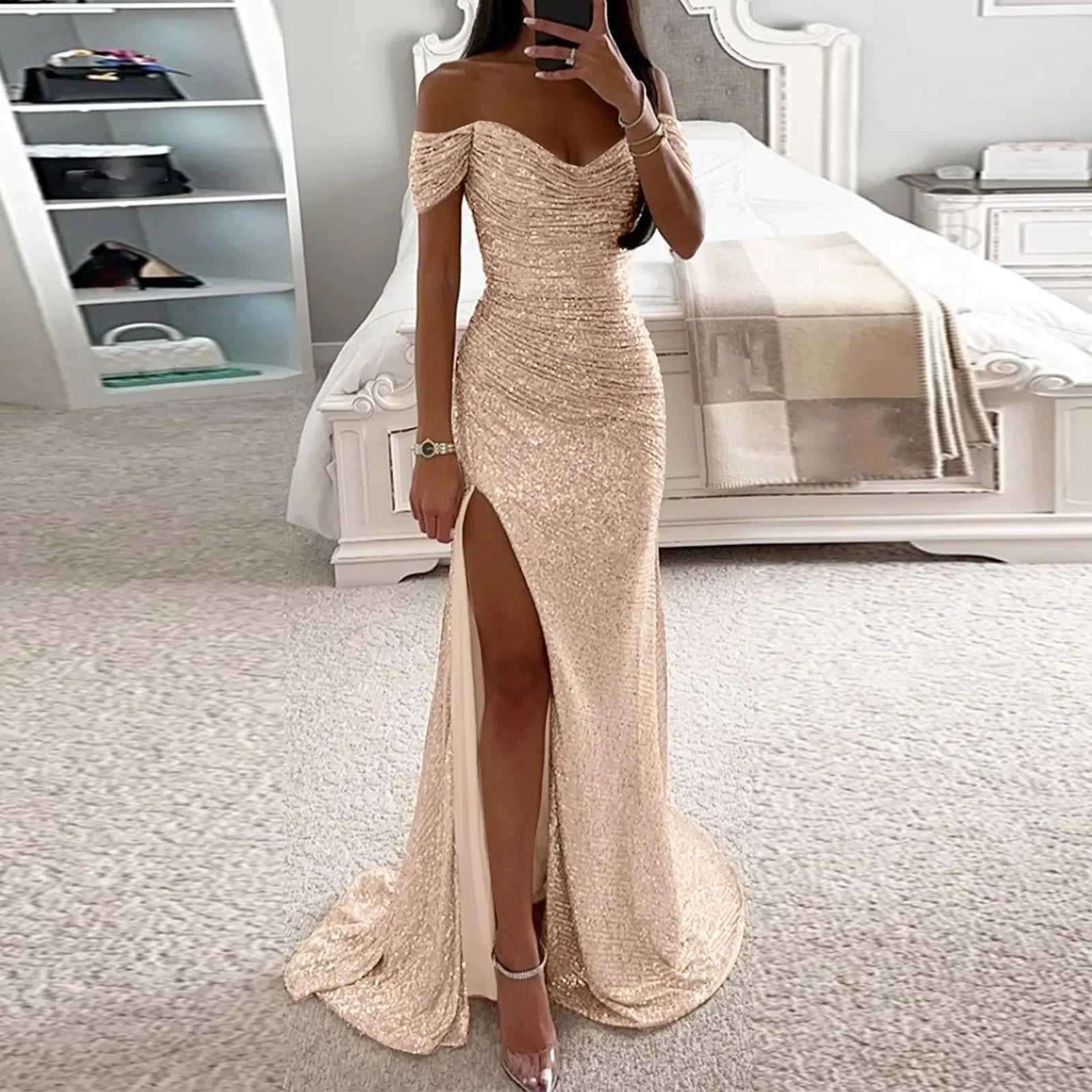 Female Creative Solid Color Sparkling Slit Dress - VAleG
