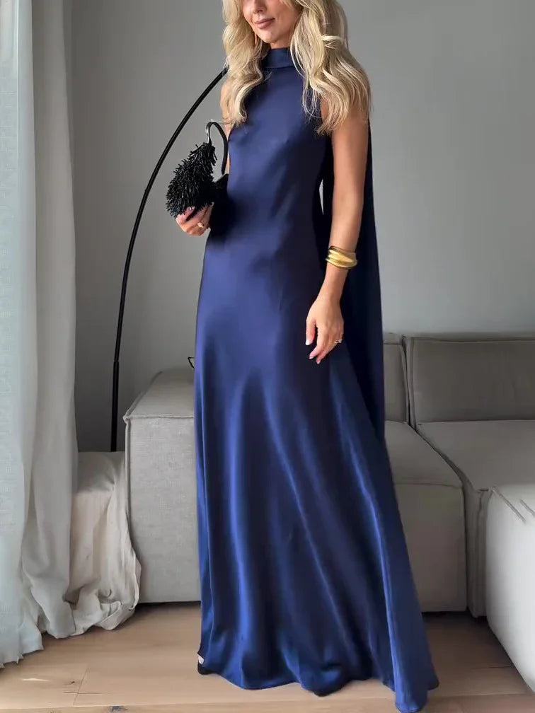 Royal Blue Satin Sleeveless Maxi Dress - VAleG