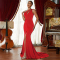 Wine Red Annual Meeting Dress Sleeveless One-shoulder Solid Color Small Tail - VAleG
