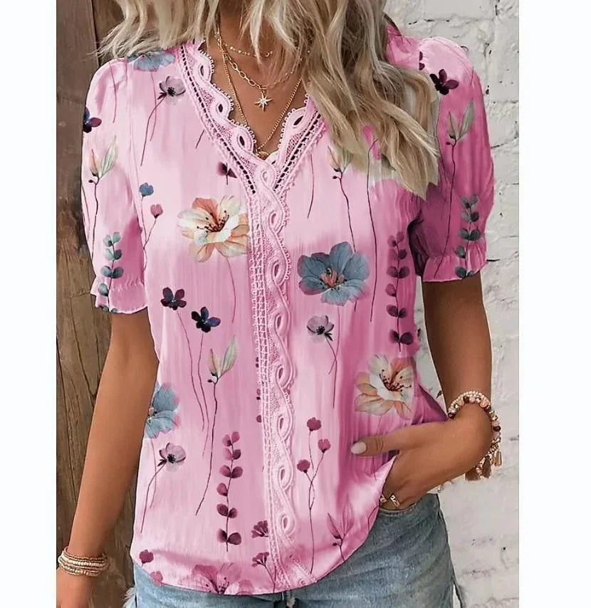 V-neck Holiday Fashion Floral Short Sleeve - VAleG
