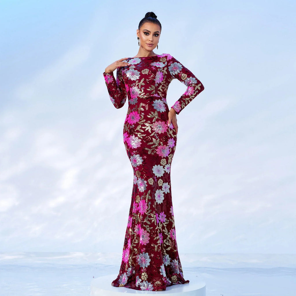 Evening Gown Long Sleeve Temperament Crew Neck Long Sequined Banquet Bridesmaid Dress - VAleG