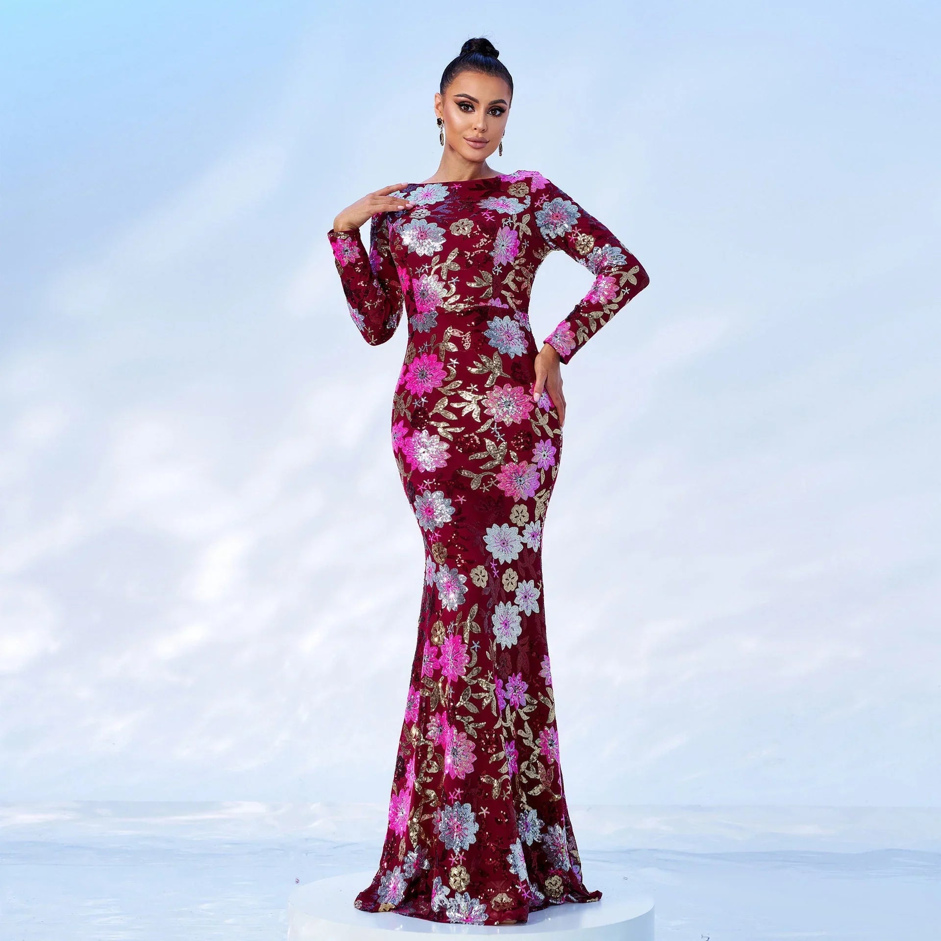 Evening Gown Long Sleeve Temperament Crew Neck Long Sequined Banquet Bridesmaid Dress - VAleG
