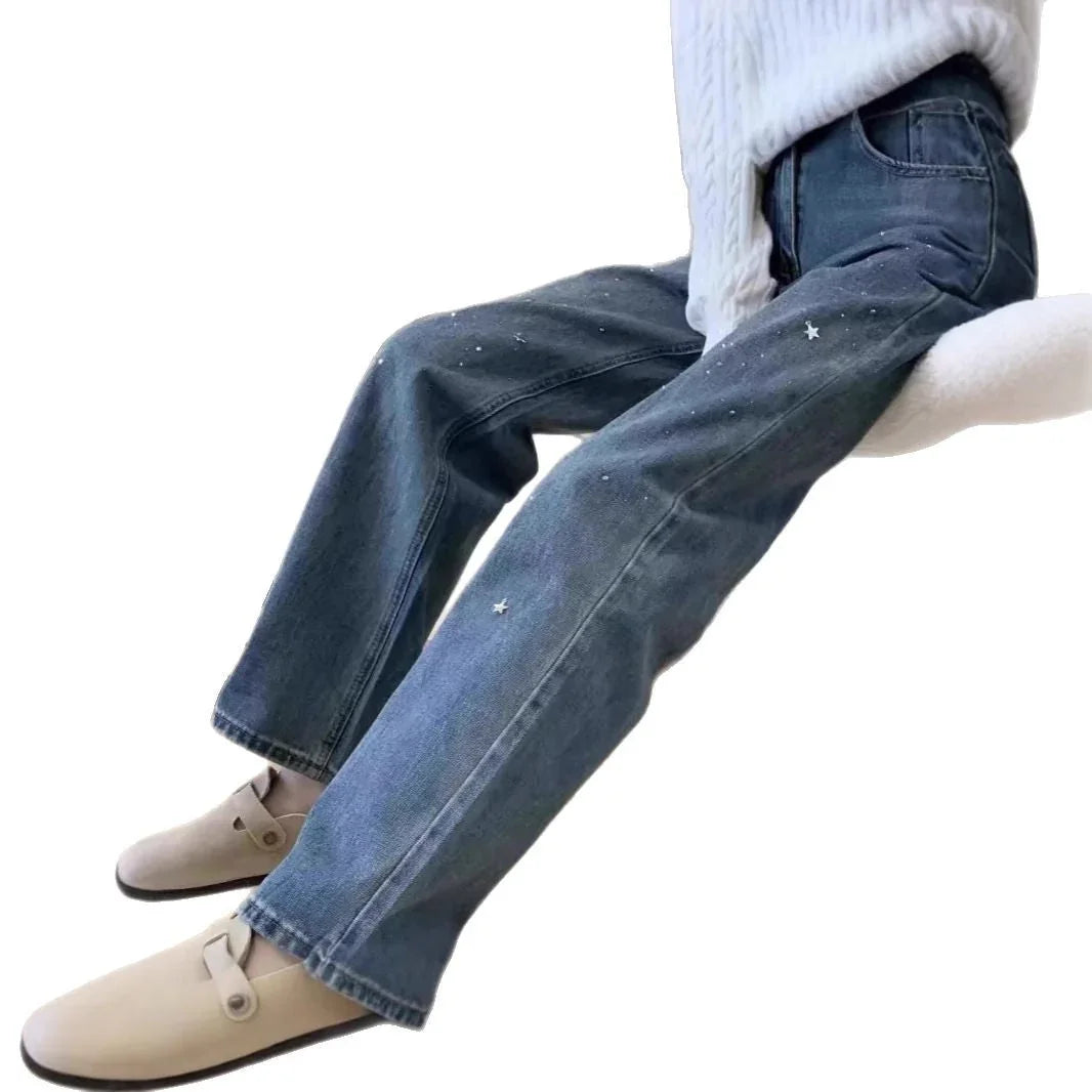 Light Blue Narrow Wide Leg Jeans Straight Spring - VAleG