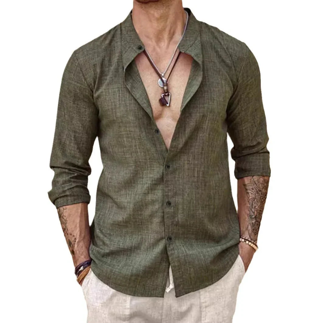 Stand Collar Long Sleeve Men's Cardigan Shirt Men's Top - VAleG