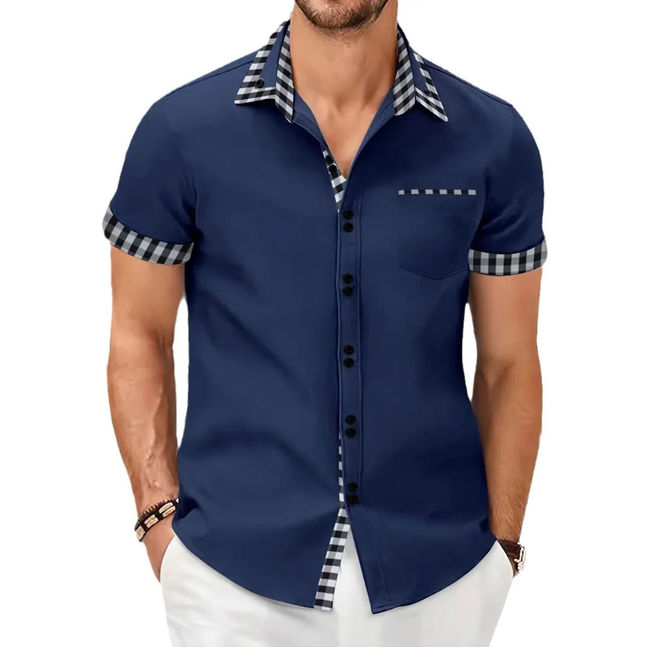 Men's Shirt Casual Pocket Stitching Contrast Color Top - VAleG