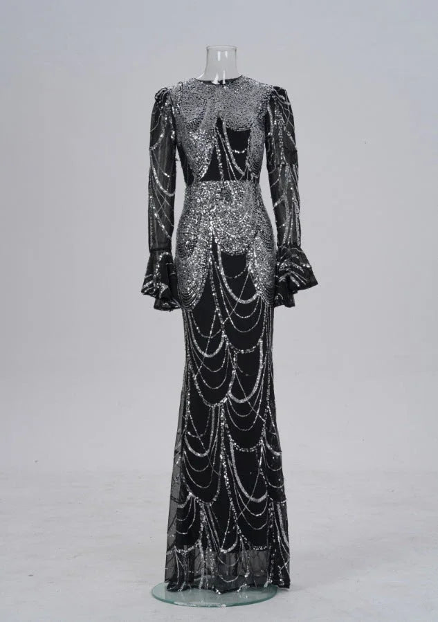 Long Sleeve Round Neck Slim-fit Sheath Sequined Banquet Fishtail Evening Dress - VAleG
