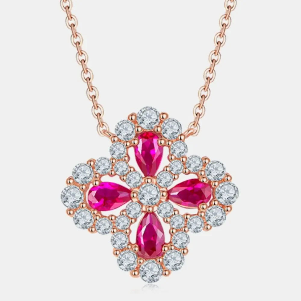 925 Sterling Silver Lab-Grown Ruby Flower Shape Necklace - VAleG