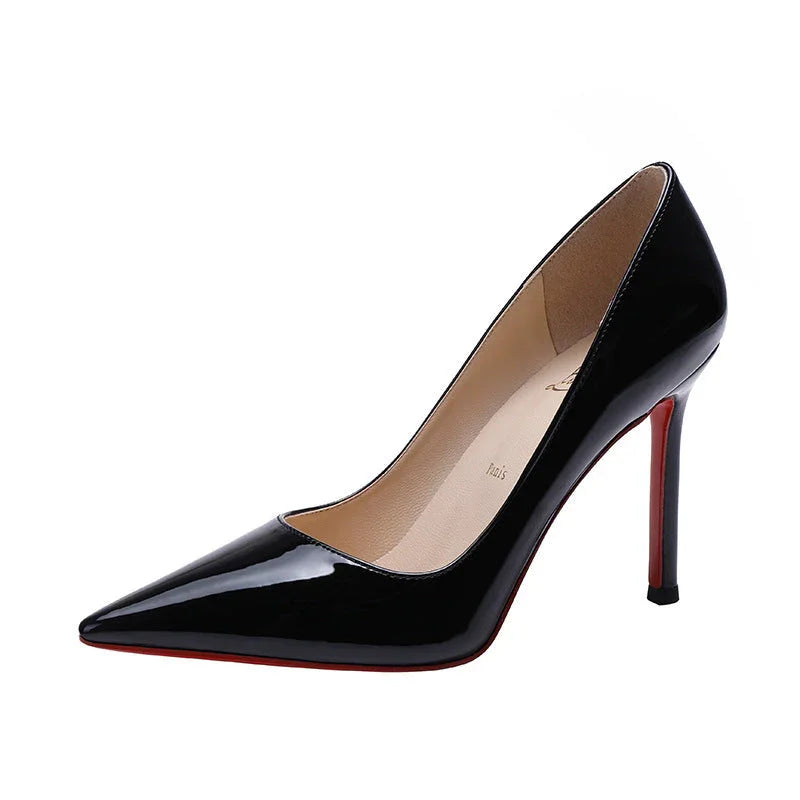 Black Patent Leather Red Bottom Thin Heel Shoes - VAleG