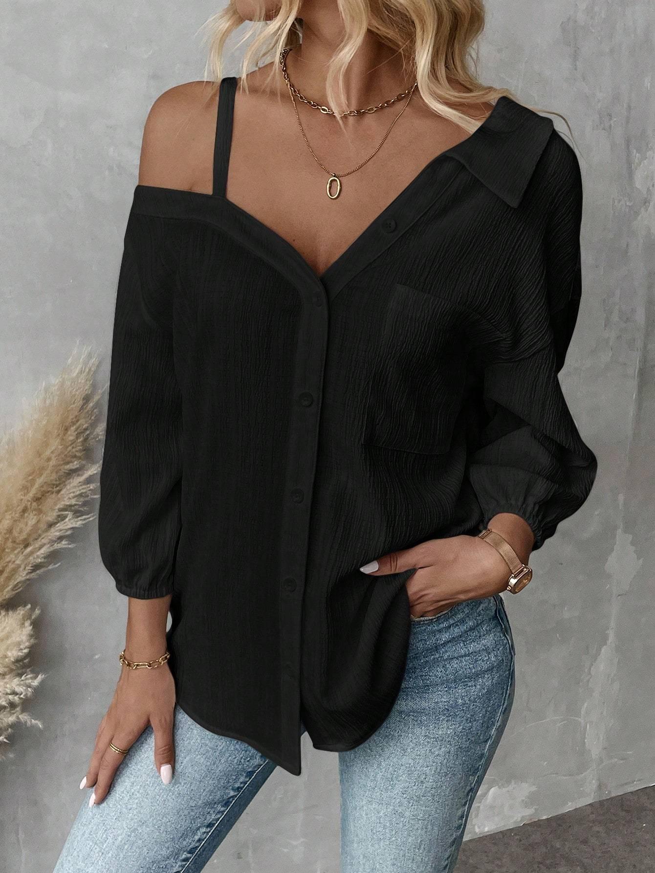 Fall Solid Color White Asymmetric Collar Dropped Shoulder Loose Casual Blouse Spring And Summer New Fashion Street Style Casual Asymmetrical Shoulder Shirt - VAleG