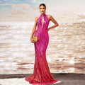 Round Neck Off-the-shoulder Slim-fit Sheath Sequined Banquet Fishtail Evening Dress - VAleG