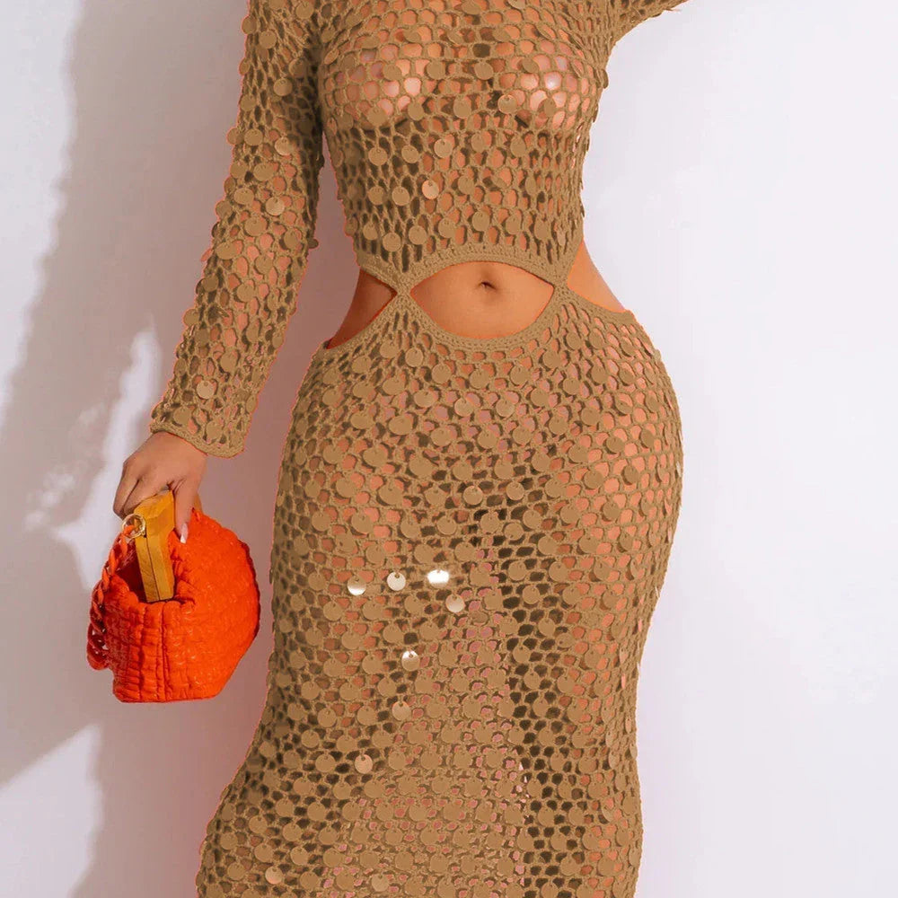 Casual Hollowed Out Sequin Beach Dress - VAleG
