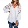 Womens Solid Color V Stitching Breasted Flared Sleeve Top - VAleG