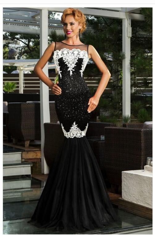 Europe and America long skirt sexy sleeveless sequin mesh stitching banquet evening dress dew backpack hip fishtail mopping dress - VAleG