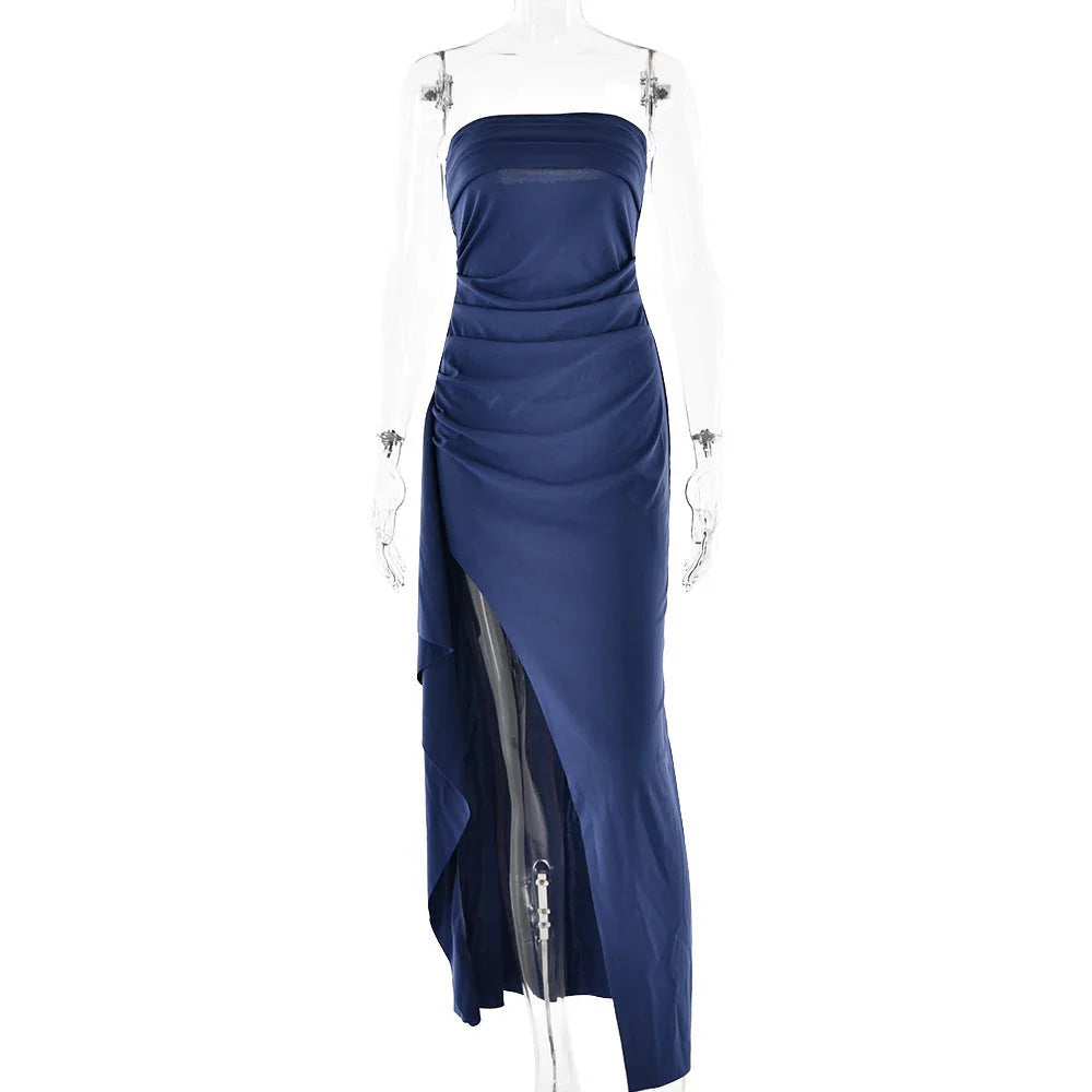 Strapless Split Long Dress Summer Fashion Pleated Bridesmaid Dress For Womens Party Wedding Clothing - VAleG