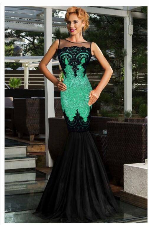 Europe and America long skirt sexy sleeveless sequin mesh stitching banquet evening dress dew backpack hip fishtail mopping dress - VAleG