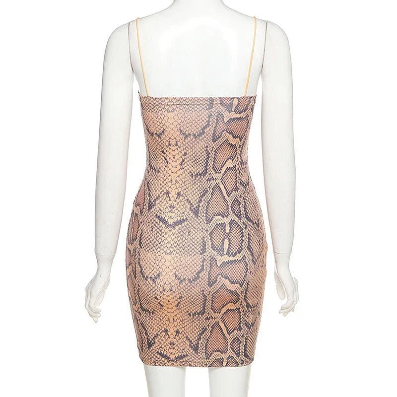 Snake Print Hollow Bag Hip Skirt Slim Dress - VAleG
