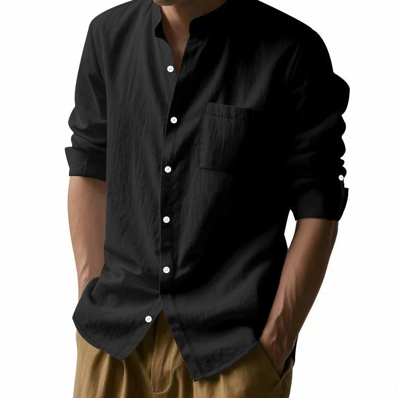 Long Sleeve Stand Collar Casual Men's Pocket Shirt - VAleG