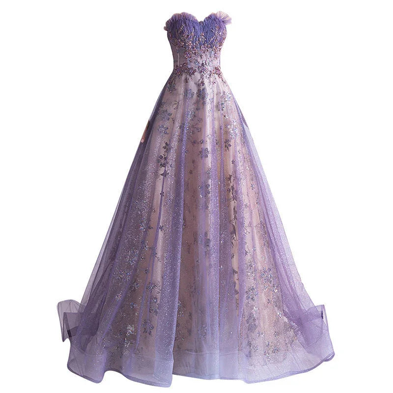 Strapless Purple Sequin Starry Dress Wedding Dress - VAleG