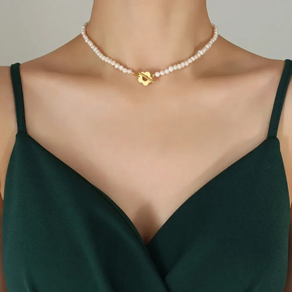 Titanium Steel Pearl Flower Necklace - VAleG