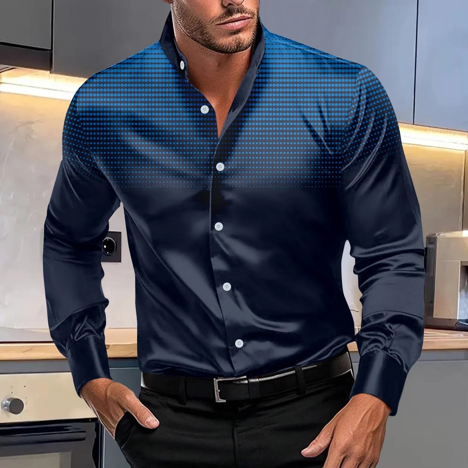 Four-sided Stretch Dotted Prints Daily Casual Stand Collar Long-sleeved Shirt - VAleG