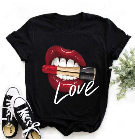 Leopard Print Love Lip Print Fashion Western Style Summer Ladies Print Short-sleeved T-shirt Top - VAleG