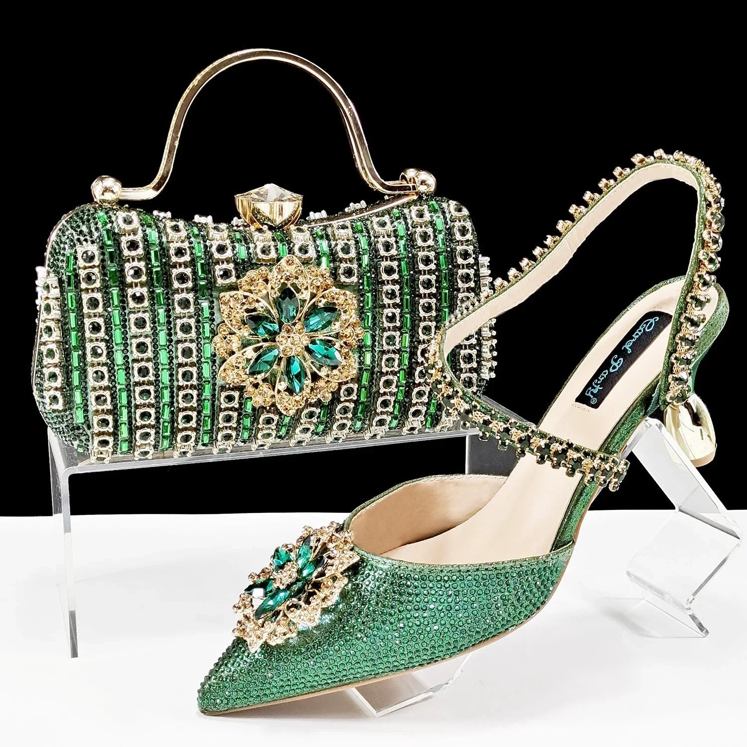 Sexy Women's Shoes And Bags Suit Drill Buckle Flower Decorative Ankle Drill Chain With Hard Clutch - VAleG