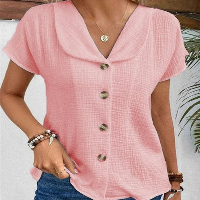 Summer Solid Color Fashion Short-sleeved Cardigan Button Women's Top - VAleG