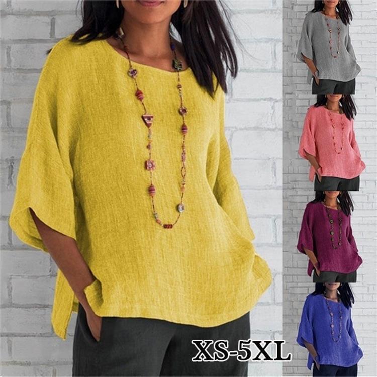 Sleeves round neck cotton and linen shirt - VAleG