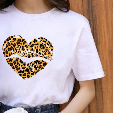 Leopard Print Love Lip Print Fashion Western Style Summer Ladies Print Short-sleeved T-shirt Top - VAleG