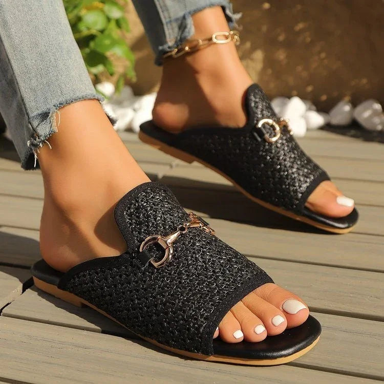 Hollow Square Toe Sandals Summer Fashion Solid Flats Slides Women Beach Shoes - VAleG