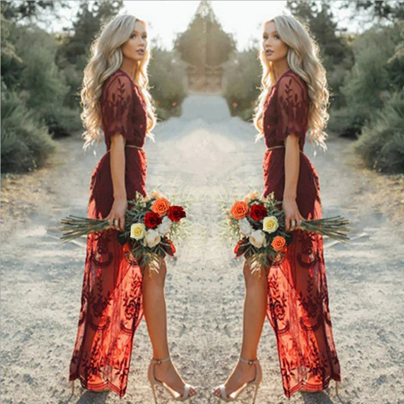 Deep V-neck Short Sleeve Lace Perspective Tight-Sleeve Dress Maxi Dress - VAleG