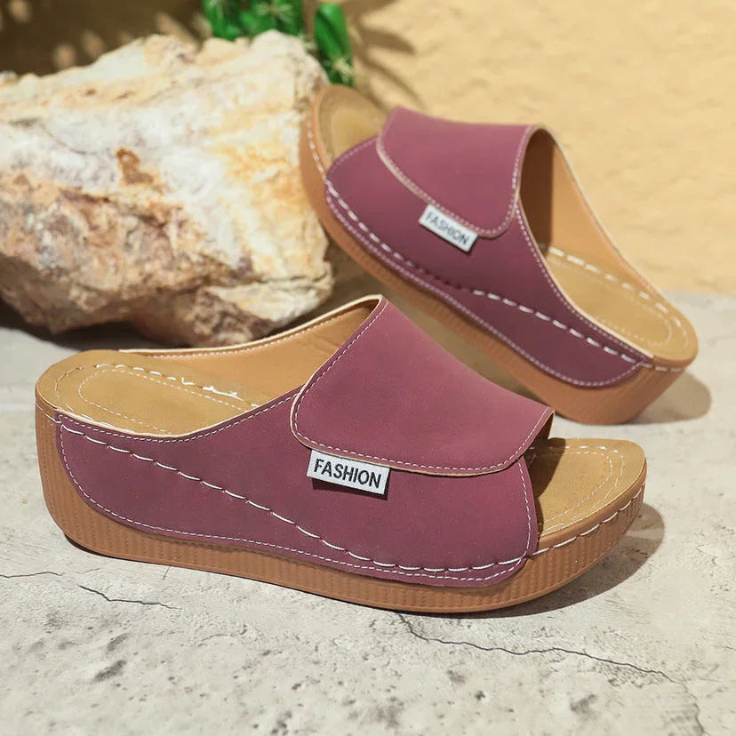 Summer Wedge Slides Slippers Fashion Fish Mouth Thick Bottom Roman Shoes Solid Color Beach Sandals For Women - VAleG
