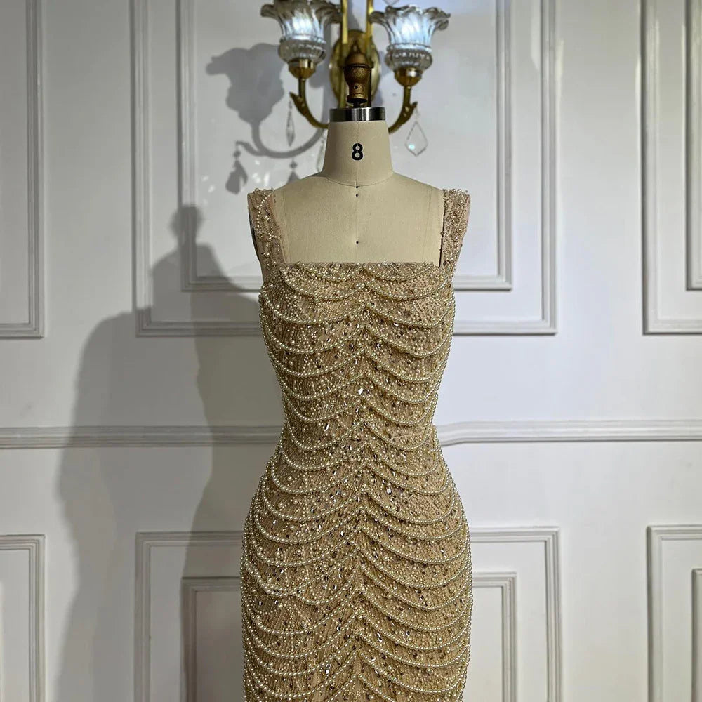 Nude Elegant Sling Light Luxury High-end Pearl Beaded Dress - VAleG