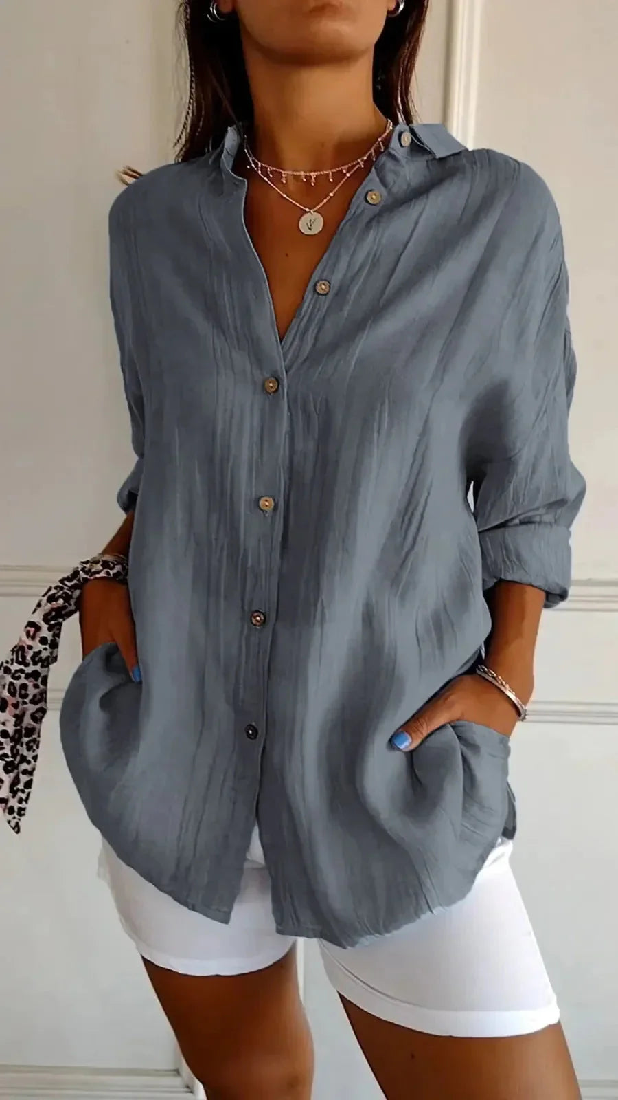 Lapel Long Sleeve Shirt Women's Single-breasted Pleated Shirt - VAleG
