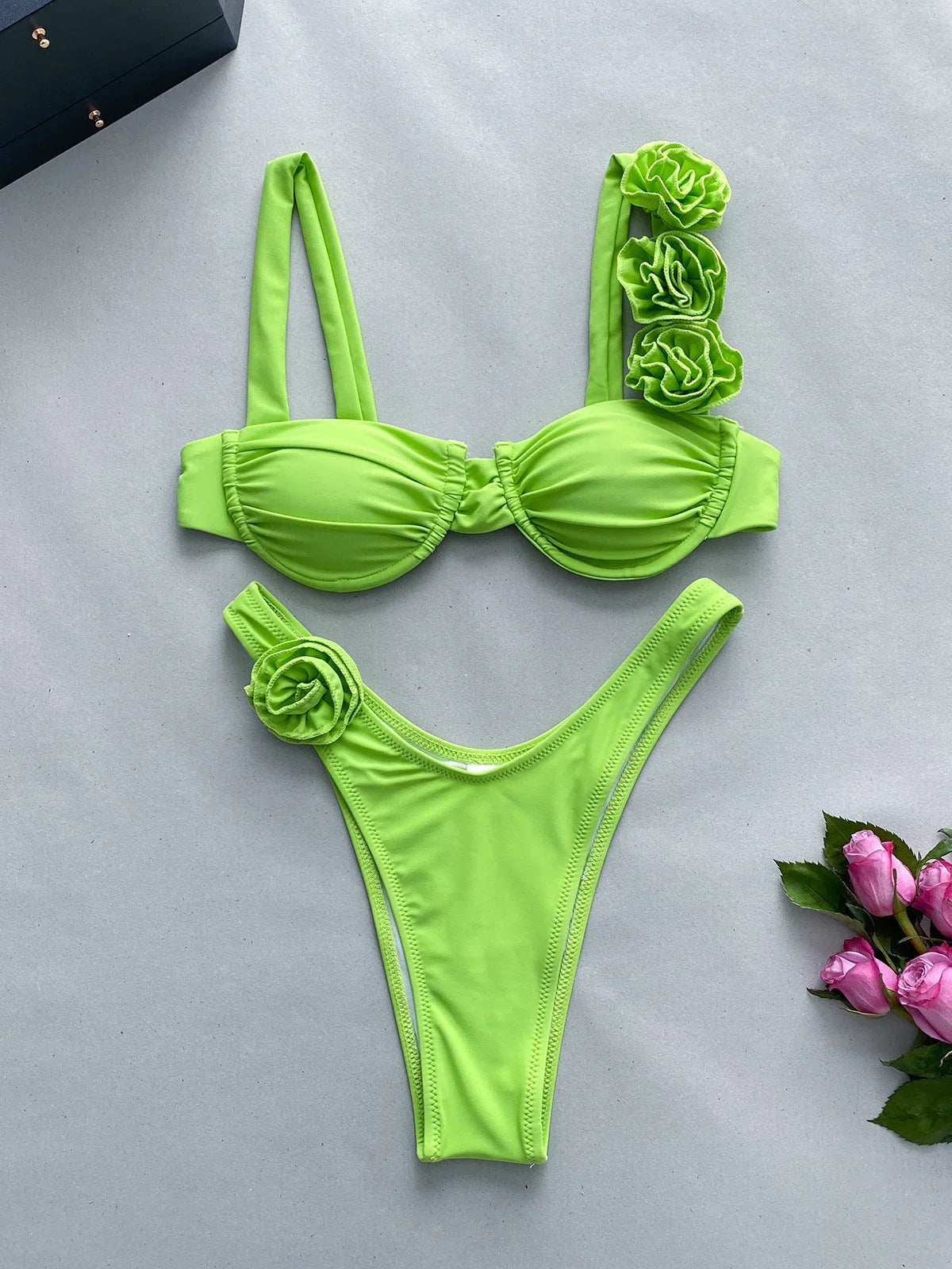 Steel Bracket Three-dimensional Flower Split Women's Swimsuit Swimsuit - VAleG