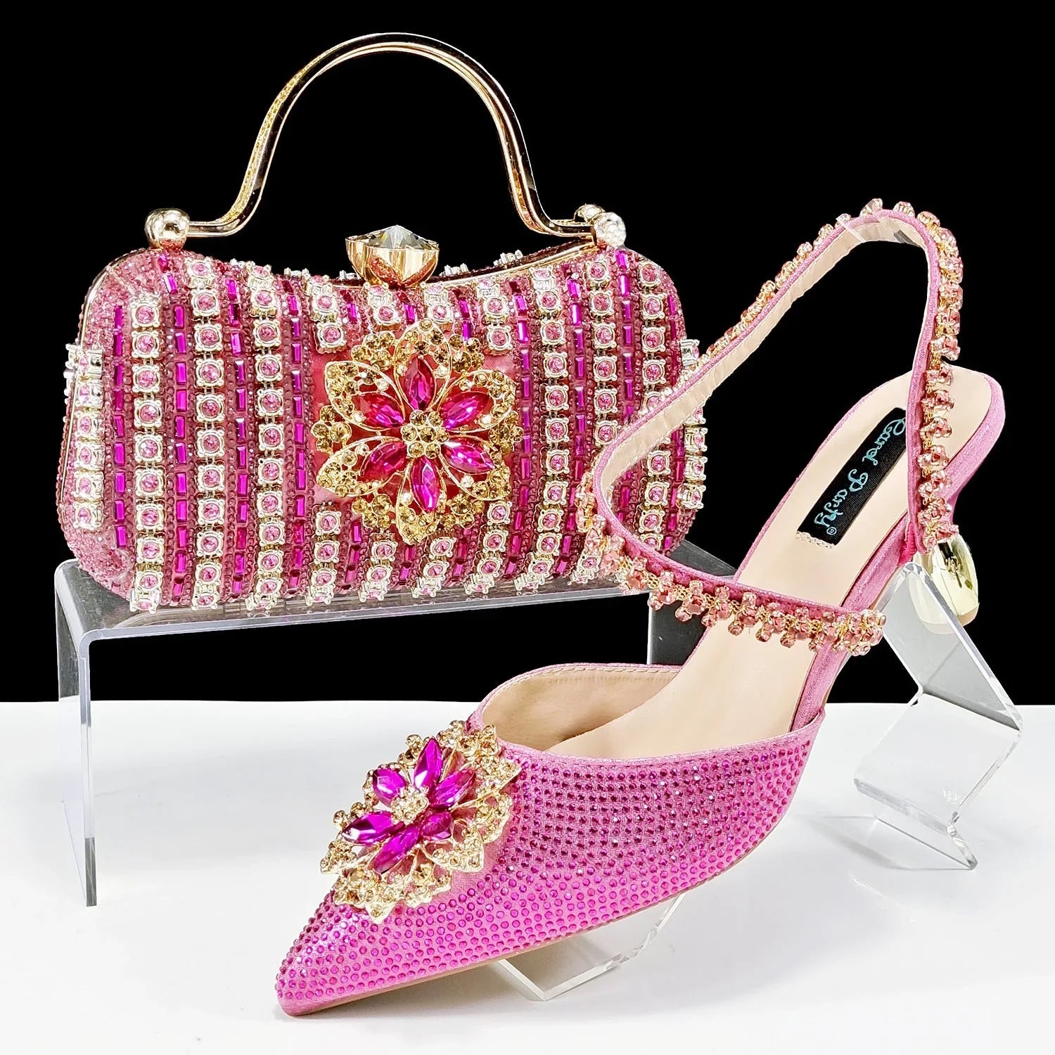 Sexy Women's Shoes And Bags Suit Drill Buckle Flower Decorative Ankle Drill Chain With Hard Clutch - VAleG