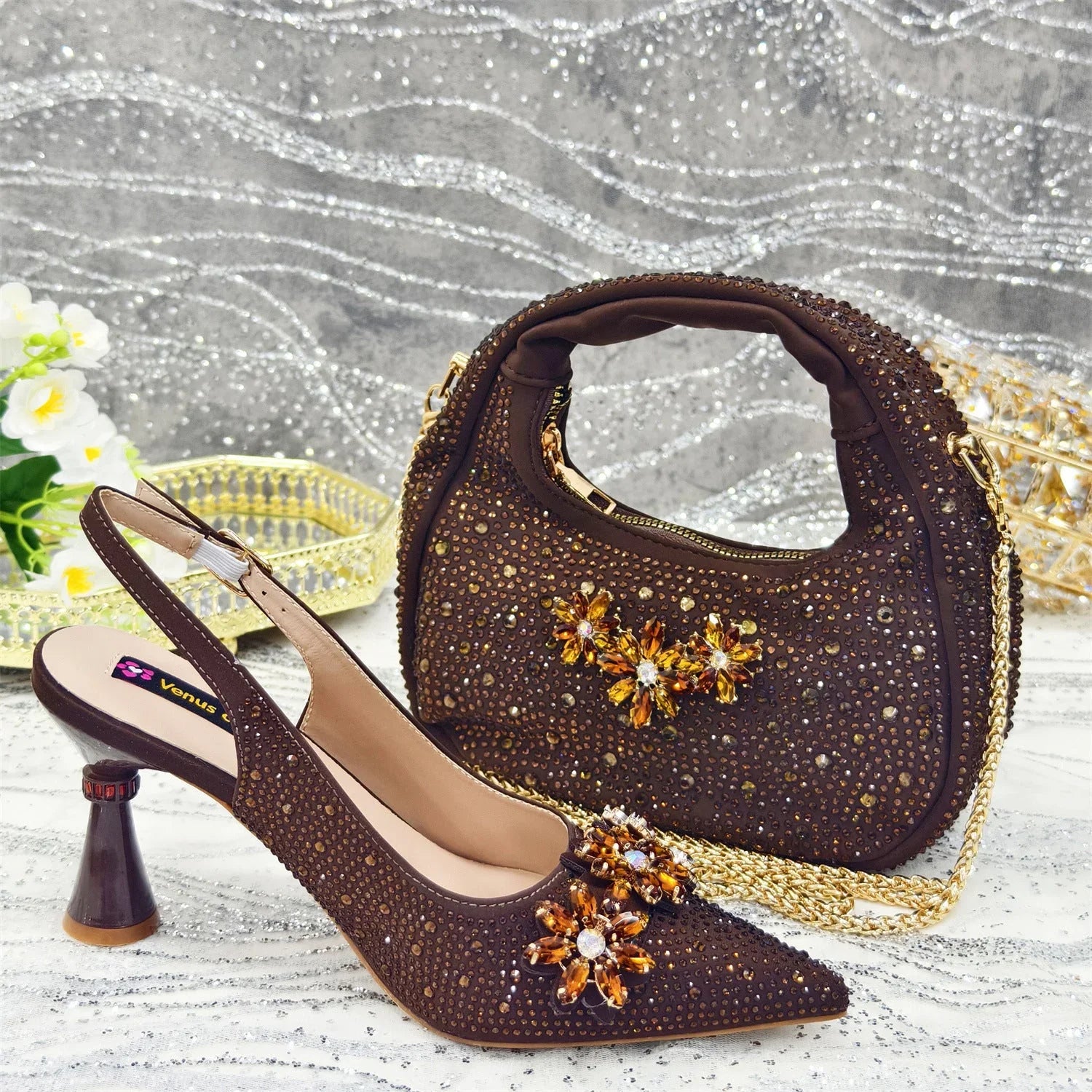 Pointed Toe High Heel Rhinestone Flower Shoes With Handbag Soft - VAleG