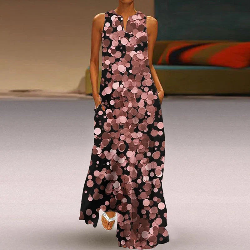 Printed V-neck Pocket Long Dress Swing - VAleG