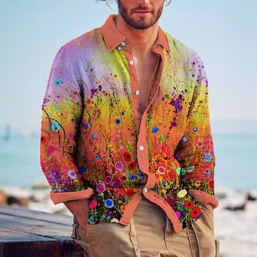 Color Matching Bamboo Linen Printed Men's Shirt VAleG