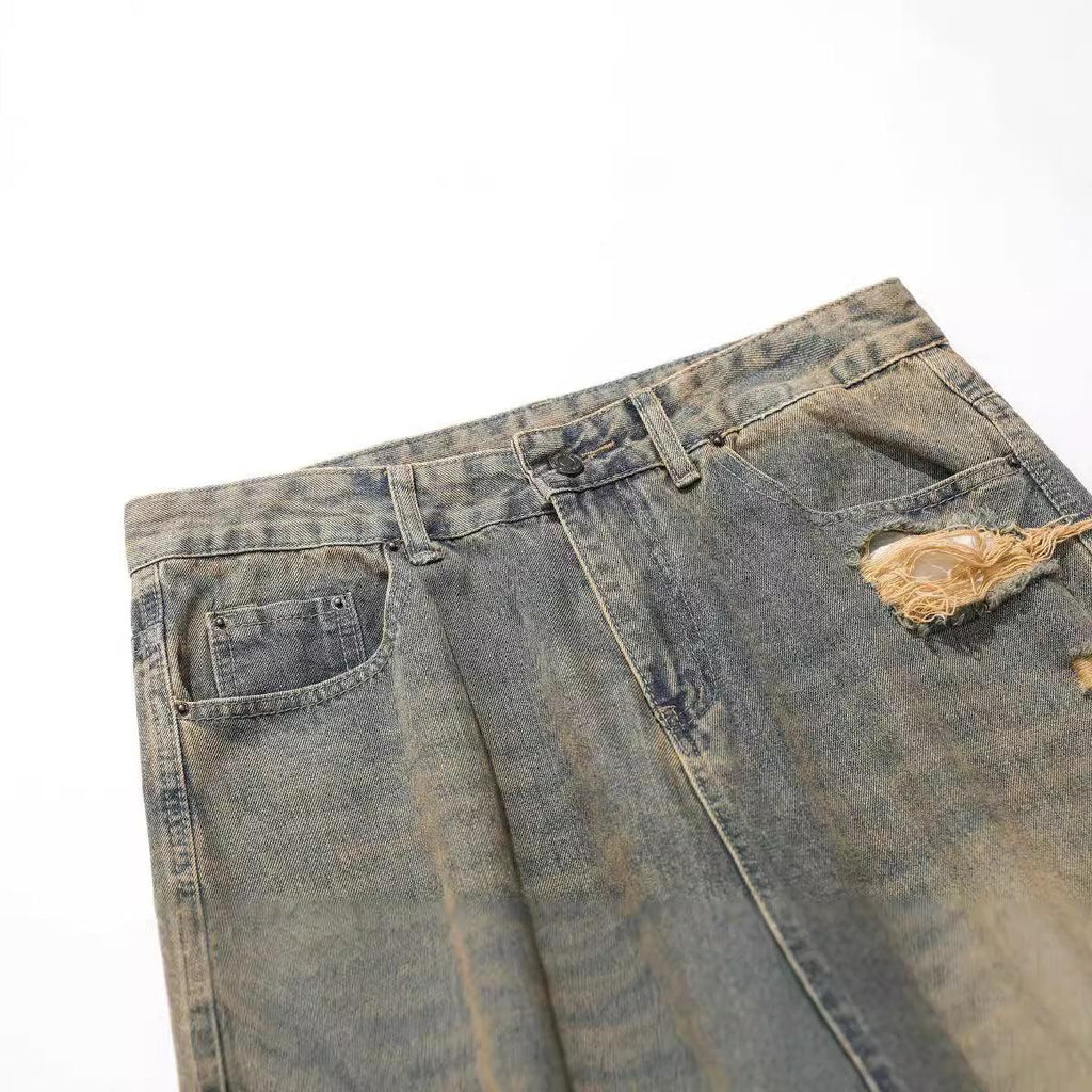 Retro Washed Ripped Jeans Loose Straight Casual Trousers - VAleG