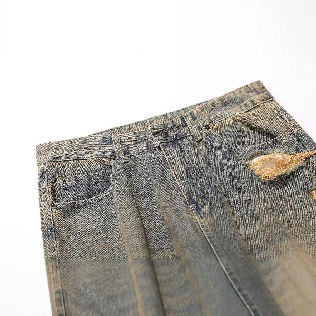 Retro Washed Ripped Jeans Loose Straight Casual Trousers - VAleG