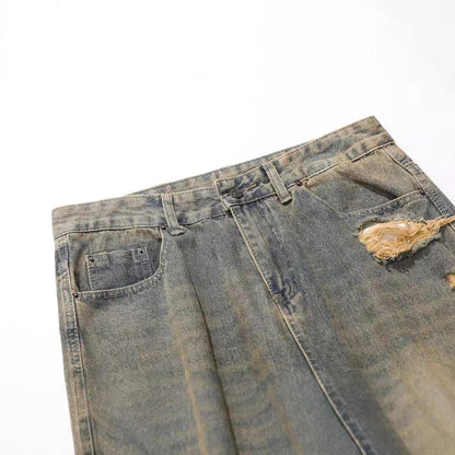 Retro Washed Ripped Jeans Loose Straight Casual Trousers - VAleG